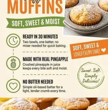 Freshly baked crushed pineapple muffins on a wooden table