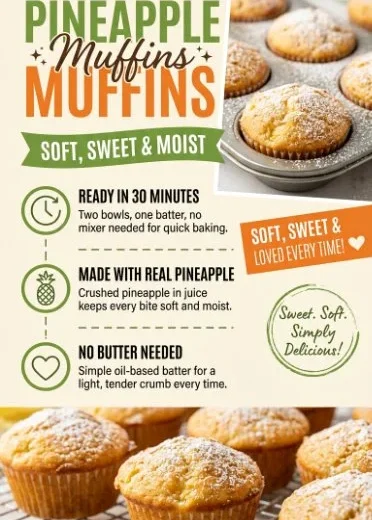 Freshly baked crushed pineapple muffins on a wooden table