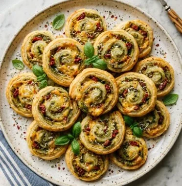 Easy pesto puff pastry pinwheels appetizer recipe