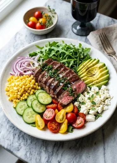 Easy Steak Cobb Salad topped with Herb Vinaigrette and fresh ingredients