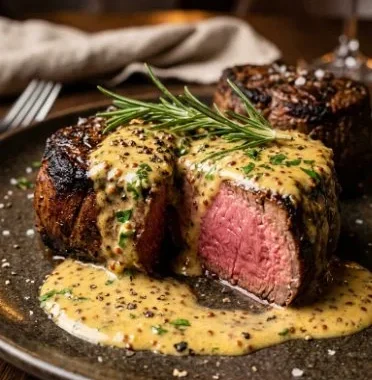 A succulent filet mignon served with creamy mustard sauce on a plate.