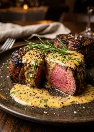 A succulent filet mignon served with creamy mustard sauce on a plate.
