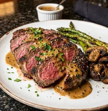 A deliciously prepared French Peppercorn-Crusted Steak served on a plate.