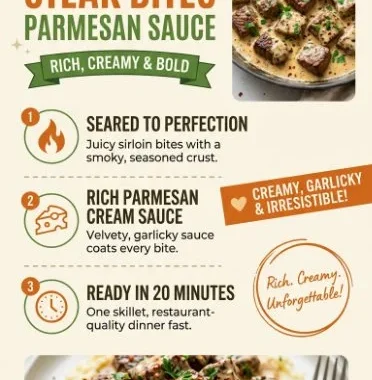 Delicious Garlic Butter Steak Bites topped with rich Parmesan cream sauce