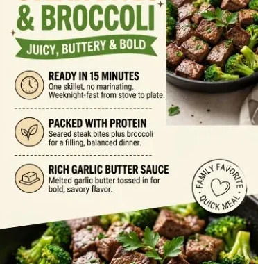 Garlic Butter Steak Bites served with fresh broccoli on a plate.