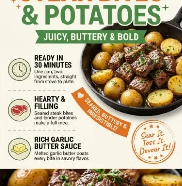 Garlic Butter Steak Bites served with roasted potatoes on a plate