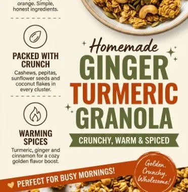 Bowl of gluten-free Ginger Turmeric Granola with nuts and dried fruits