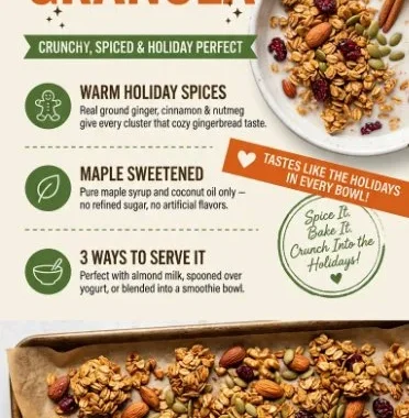 Bowl of gingerbread granola with spices and nuts for a festive breakfast.