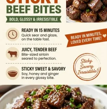 Glazed sticky beef bites served on a platter with sauce