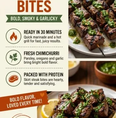 Delicious grilled chimichurri steak bites garnished with fresh herbs.