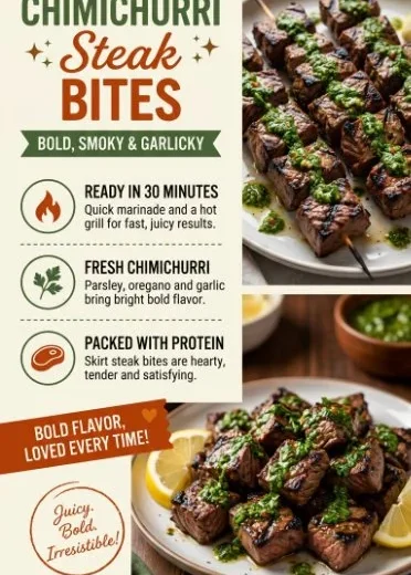 Delicious grilled chimichurri steak bites garnished with fresh herbs.