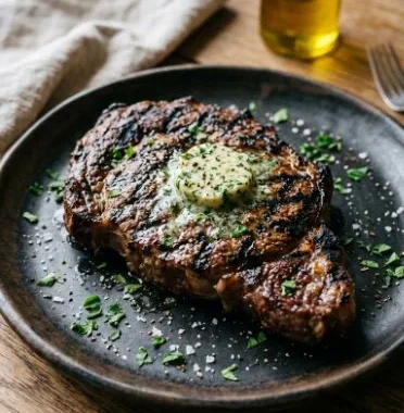 Grilled ribeye steak with garlic butter, a mouthwatering dish for steak lovers.