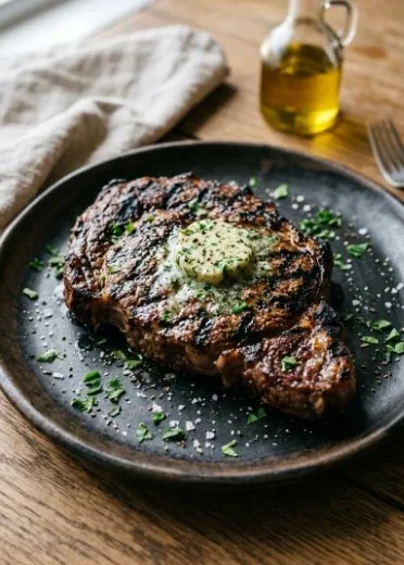 Grilled ribeye steak with garlic butter, a mouthwatering dish for steak lovers.