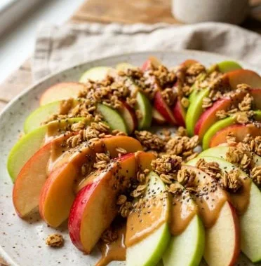 Healthy apple nachos topped with nuts and chocolate for a tasty snack.