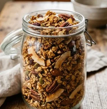 Bowl of healthy coconut pecan granola topped with fresh fruit and nuts.