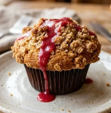 Healthy rhubarb muffins made with Greek yogurt, fresh rhubarb, and oats.