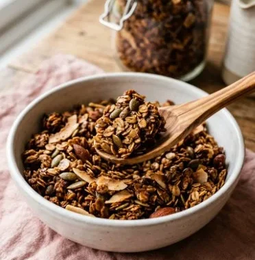 Bowl of healthy vegan granola topped with fruits and nuts.
