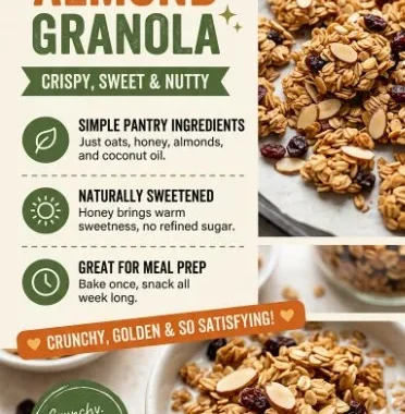 Bowl of honey almond granola with almonds and honey drizzled on top