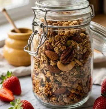 Bowl of delicious honey granola topped with nuts and dried fruits