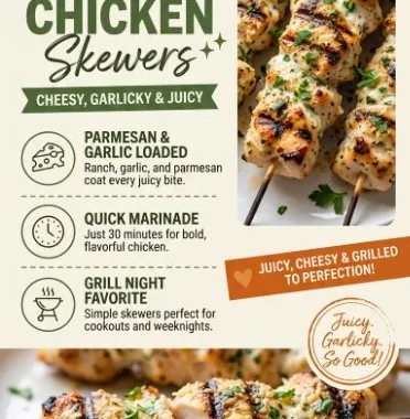 Juicy ranch garlic parmesan chicken skewers ready to serve.