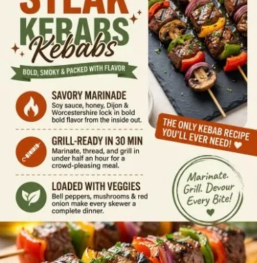 Delicious, juicy steak kebabs served on skewers with vibrant vegetables
