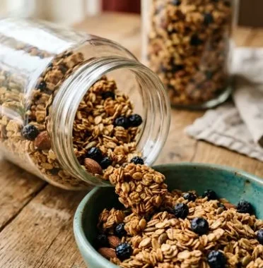 Lemon Blueberry Granola 1 Bowl of lemon blueberry granola with fresh blueberries and lemon zest