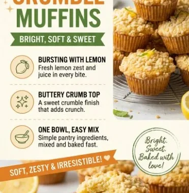 Freshly baked Lemon Crumble Muffins with a golden crumble topping.