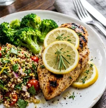 Lemon Herb Grilled Chicken Quinoa Bowl 1 Lemon herb grilled chicken served in a colorful quinoa bowl