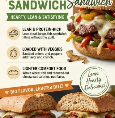 Low calorie steak and cheese sandwich with fresh ingredients