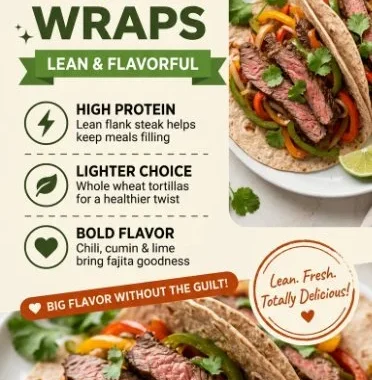 Low calorie steak fajitas served with fresh vegetables and tortillas