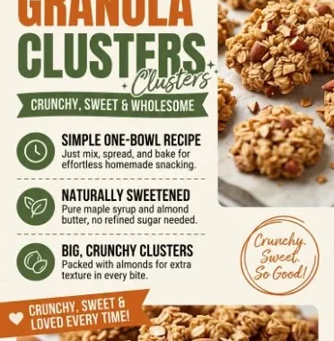 Maple Almond Granola Clusters in a bowl with a sprinkle of almonds and maple syrup