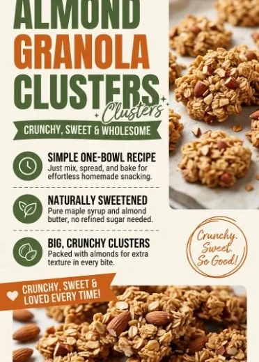 Maple Almond Granola Clusters in a bowl with a sprinkle of almonds and maple syrup