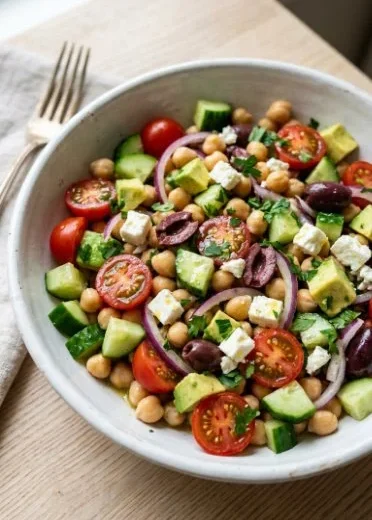 Mediterranean Chickpea Salad with fresh vegetables and herbs