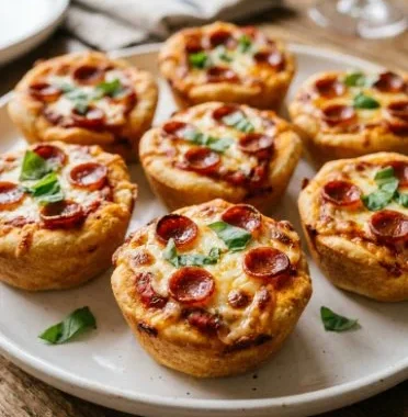 Mini deep dish crescent roll pizzas baked with cheese and toppings