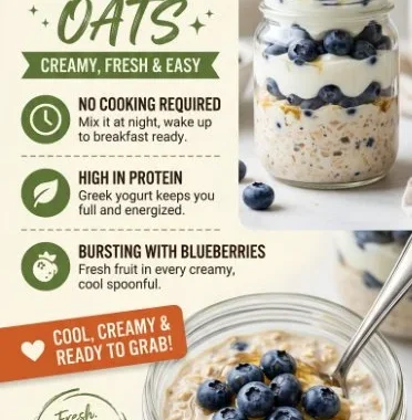 Delicious overnight blueberry yogurt oats served in a bowl with fresh berries.