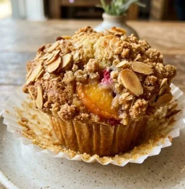 Freshly baked Peaches & Cream Muffins topped with almond crumble