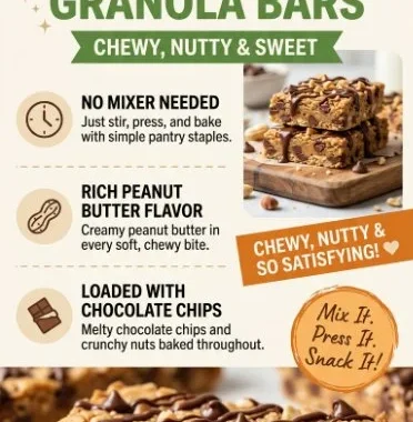 Peanut Butter Chocolate Chip Granola Bars with chocolate chips and nutty flavor