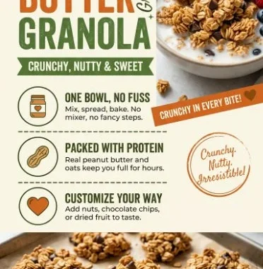 Bowl of homemade peanut butter granola with nuts and seeds.
