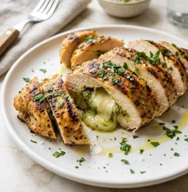 Pesto mozzarella stuffed chicken garnished with fresh basil and served on a plate.