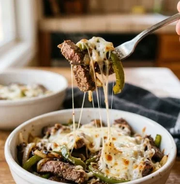 Philly Cheesesteak Bowls 2 Philly cheesesteak bowls with beef, peppers, and onions served in a bowl