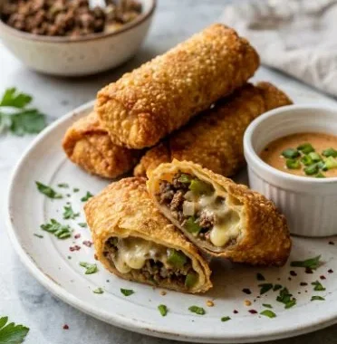 Philly Cheesesteak egg rolls filled with meat and cheese