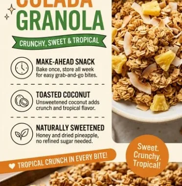 Pina Colada Granola in a bowl with tropical fruits and coconut flakes