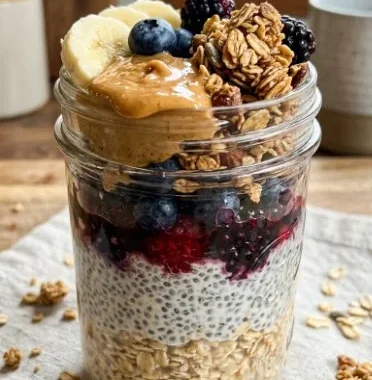A bowl of protein-packed overnight oats topped with fruits and nuts.