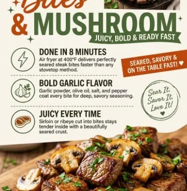 Quick air fryer steak bites with mushrooms served on a plate