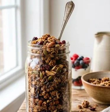 Bowl of quick Steel-Cut Oats Granola topped with fruits and nuts