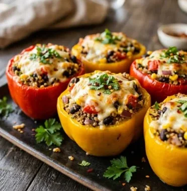 Quinoa and black bean stuffed peppers on a plate, a healthy meal option.
