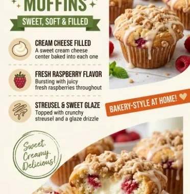 Freshly baked raspberry muffins with berries on a wooden background