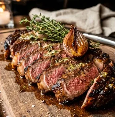 Perfectly grilled ribeye steak on a plate with herbs and seasoning.