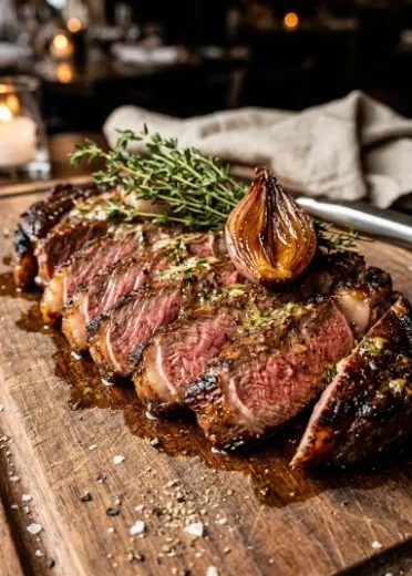 Perfectly grilled ribeye steak on a plate with herbs and seasoning.