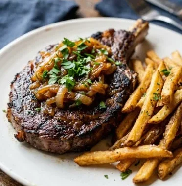 Ribeye steak with caramelized onions and crispy French fries on a plate